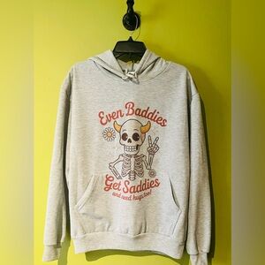 Vapor Gray Graphic Hoodie Unisex Medium Custom Dye Print Skeleton NWOT Baddies